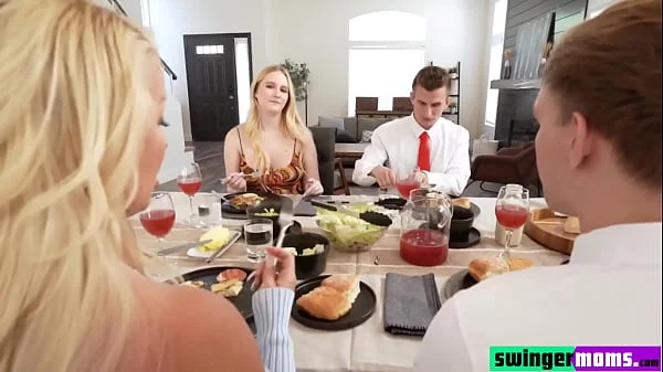 Family dinner ends in pleasurable sex between the perverted stepmothers Alura Jenson and Audrey Madison and their stepsons.