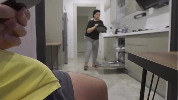 Stepmom caught me jerking off while watching her big ass in the Kitchen.