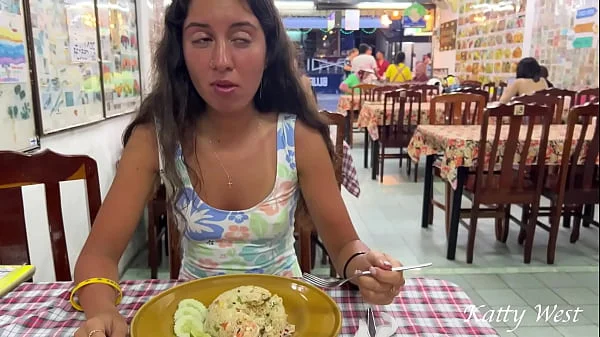 Katty eats lunch in an Asian cafe without panties and flashing pussy in public