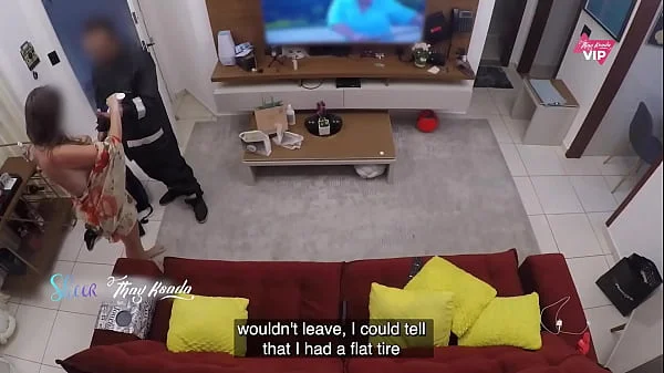 Hot wife receiving the delivery man and letting him apply moisturizer on her teaser - With English subtitles