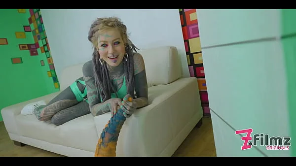 Extreme TATTOO dreadhead ANAL riding huge TOY