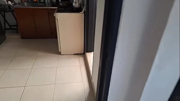 The maid I hired wears very tight shorts to clean the house, I can't help but get horny and stroke my cock in front of her