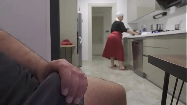 Caught jerking off while watching my Huge ass Hijab Stepmom.