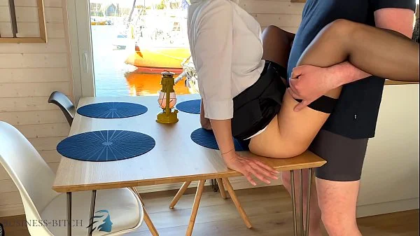 personal assistant lunch break quickie on a desk in yacht harbor with put back after creampie - business bitch