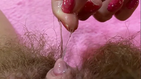 Huge pulsating clitoris orgasm in extreme close up with squirting hairy pussy grool play