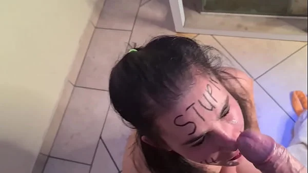 Watch how I FACE FUCK this stupid whore's mouth, SPIT in her face, SLAP her and surprise piss in her mouth | humiliation