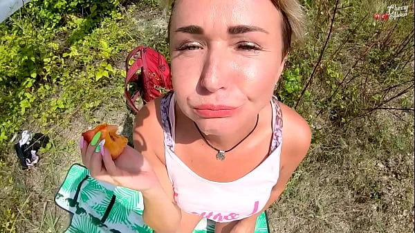 Tourist in the mountains fucks in the mouth and ass - eats cum