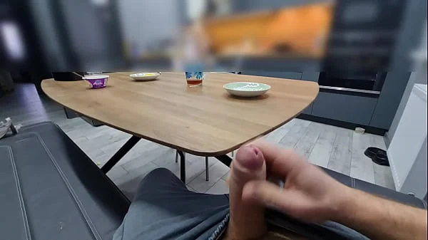 Stepsister noticed me masturbating my fat cock under the table