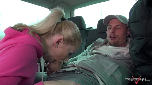 Horny threesome fuck in the driving van, pissing and cumshot included