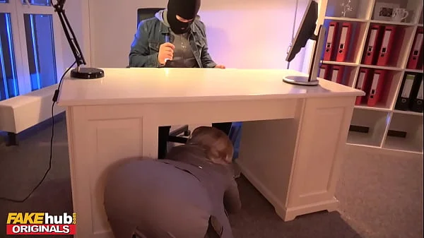 FAKEhub - Natural office MILF Kathy Anderson blows robber from under her desk before lifting her skirt to introduce her wet mature pussy to his big hard cock
