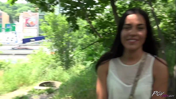 Sexy long haired brunette getting hard cock public and facial cum