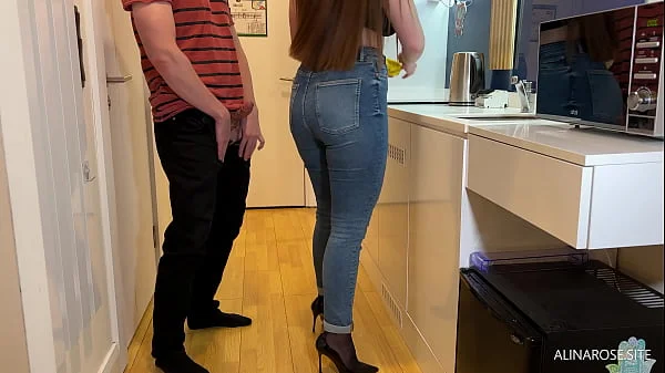 Step mom pulled down her jeans so I can jerk off and cum on her pantyhose ass