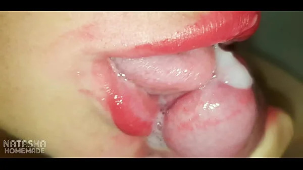 CLOSE UP red big LIPS cum in mouth